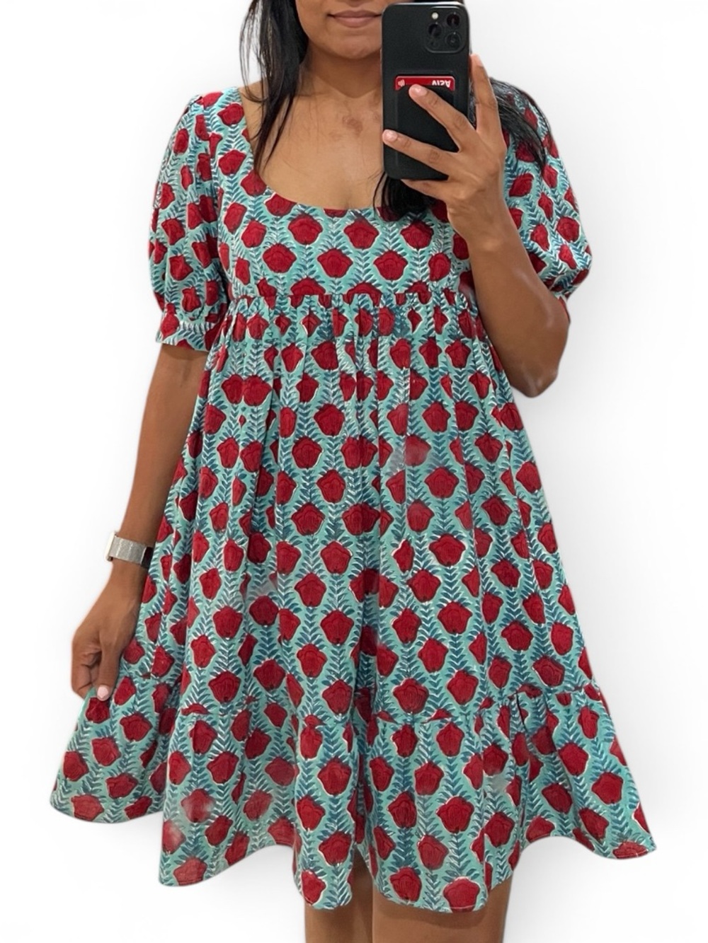 Round-Neck babydoll Mini Dress in Teal and Red Floral